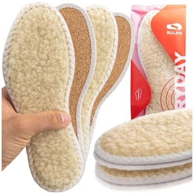 Abbildung von SULPO 2 Paare Lammfell Wolle mit Kork wärmende Einlegesohlen Wintersohle für Schuhe dicke Einlagen gegen kalte Füße thermo Schuheinlagen fuer Arbeitsschuhe Größe 39