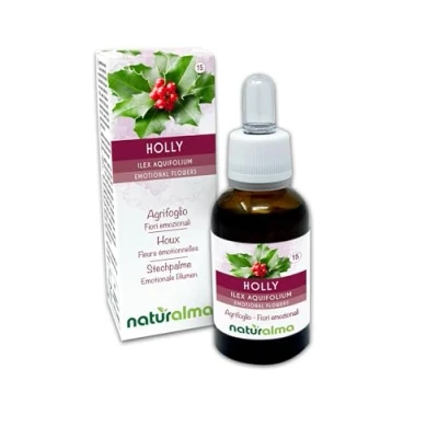 Abbildung von Holly oder Stechpalme (Ilex aquifolium) Bach Blüten Naturalma Tropfen 30 ml Alkoholfreier Flüssigextrakt Blütenessenzen Vegan und alkoholfrei