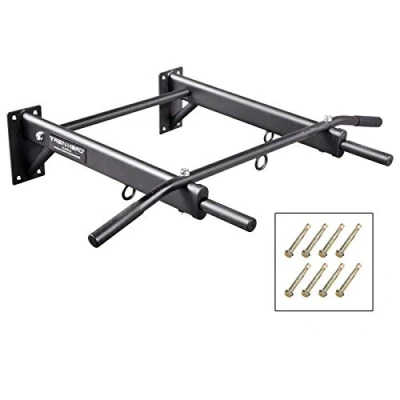 Abbildung von TrainHard® Klimmzugstange Wandmontage bis 350kg belastbar, 3 Ösen für Boxsack, TRX oder Schlingentrainer, Schwerlast Dübel und Schrauben zur Montage