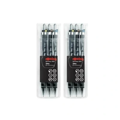 Abbildung von rOtring Tikky Druckbleistift, 0,35 mm, 0,5 mm und 0,7 HB Mine, schwarzer Schaft, 3 teiliges Set x 2