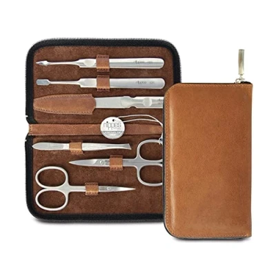 Abbildung von nippes Solingen Premium Line Maniküre Set Whiskey, 6 teilig, Edelstahl rost und nickelfrei, Rindsleder Etui mit Reißverschluss, Braun, Nagelset, Nagelpflege Set, Made in Germany