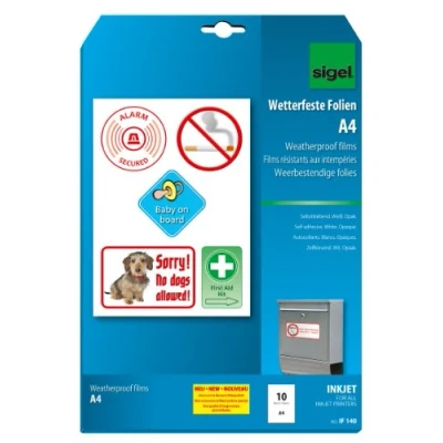 Abbildung von SIGEL IF140 InkJet Folien A4, 10 Blatt, wetterfest, opak, selbstklebend, für Innenanwendungen und kurzfristige Außeneinsätze