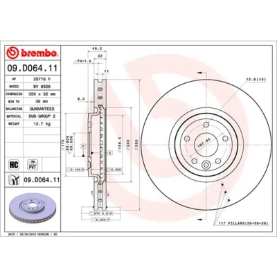 Abbildung von BREMBO 09.D064.11 Bremsscheibe 350 32 5 innenbelüftet beschichtet hochgekohlt JAGUAR: XF Saloon, Sportbrake