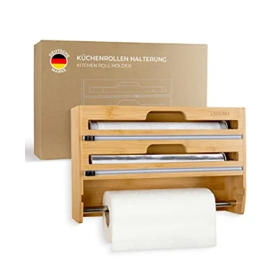 Abbildung von EXITOSO NEU 3 in 1 Folienschneider aus Bambus Wandrollenhalter Küche Frischhaltefolienspender Holz Küchenrollenhalter Wand Küchenrollenhalterung hängend Papierrollenhalter Küchenrolle Halter