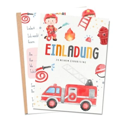 Abbildung von MeinBaby123® 10 Einladungskarten Kindergeburtstag Jungs Feuerwehr Geburtstagseinladungen für Kinder inkl. Briefumschläge Premium Qualität (Feuerwehr V3)