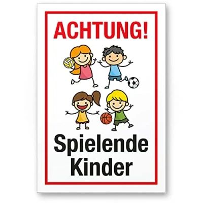 Abbildung von Komma Security Achtung spielende Kinder Schild 20 x 30 cm Hinweisschild Warnzeichen Warnschild langsam fahren Warnung Hinweis Spielstraße Spielplatz Vorsicht