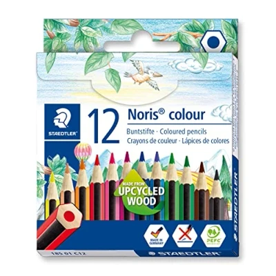 Abbildung von STAEDTLER Buntstifte Noris colour 185 01, rutschfeste Soft Oberfläche, hohe Bruchfestigkeit, Made from Upcycled Wood, intensive Farben,12 Stifte im Kartonetui, 01 C12