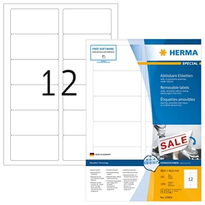 Abbildung von HERMA 10304 Universal Etiketten ablösbar, 100 Blatt, 88,9 x 46,6 mm, 12 pro A4 Bogen, 1200 Stück, selbstklebend, bedruckbar, matt, blanko Papier Klebeetiketten Aufkleber, weiß