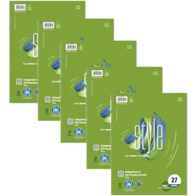Abbildung von Staufen Ursus Style Collegeblock, 5 Stück, DIN A4, Lineatur 27 (9mm liniert mit Randlinien), 80 Blatt, 4 fach Lochung, premiumweißes 70g/m² Recyclingpapier, Green