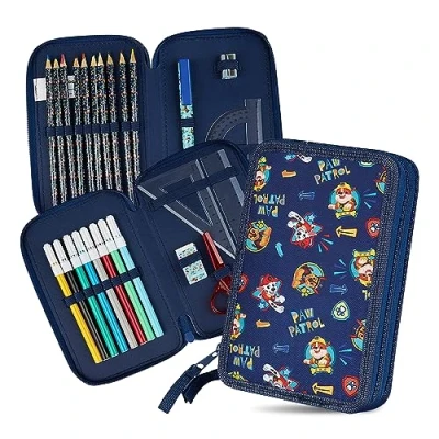 Abbildung von PAW PATROL Federmäppchen Groß Etui Stifte Jungen und Mädchen Kinder Gefüllt Federmappe Schulsachen Einschulung Geschenk Grundschule Kindergarten Schulbedarf (Marineblau Doppelreißverschluss)