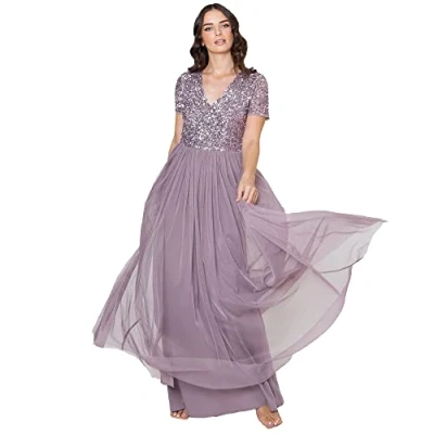 Abbildung von Maya Deluxe Abendkleid mit Pailletten Cocktailkleid Damen V Ausschnitt Tüllkleid Lila Größe 38