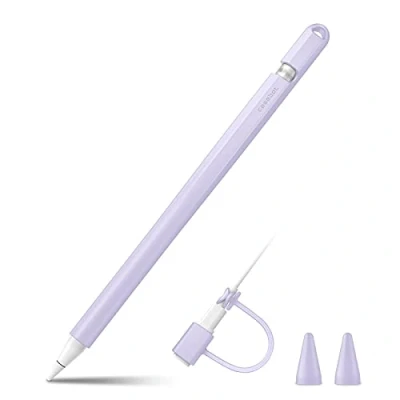 Abbildung von Fintie Silikon Hülle Kompatibel mit Apple Pencil (1. Generation) Ultra leichte Stifttasche, weiche schützende Griffhalterung 2 Spitzenabdeckung und 1 Cable Adapter Tether, Flieder Lila
