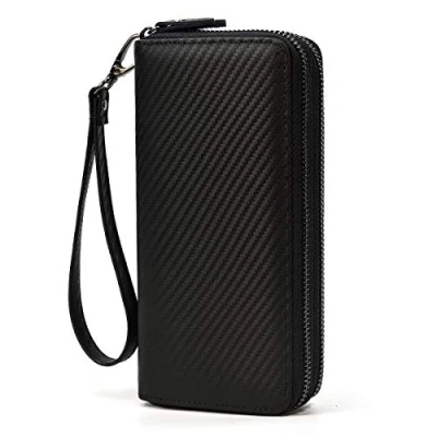 Abbildung von LUUFAN Echtes Leder Doppelreißverschluss Lange Brieftasche Große Kapazität Clutch Wallets mit Handschlaufe (Schwarz)