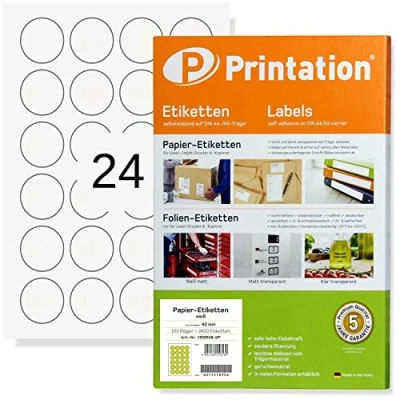 Abbildung von Printation Etiketten rund 40mm Durchmesser 2400 Aufkleber auf 100 DIN A4 Bogen 4x6 24 pro Blatt Papier Klebeetiketten Klebepunkte selbstklebend blanko weiß bedruckbar 40 mm