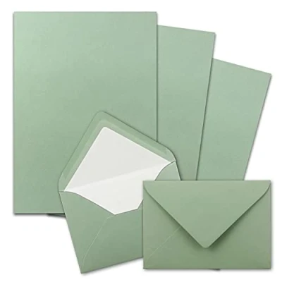 Abbildung von 25x Briefpapier Sets DIN A4 mit C6 gefütterten Briefumschlägen, Nassklebung Eukalyptus Grün mattes Schreibpapier und Kuverts weißem Seidenfutter