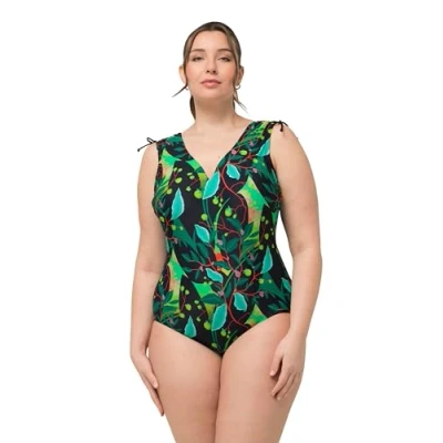 Abbildung von Ulla Popken Colorful LEAF Print ONE Piece Badeanzug, Damen, Größe: 52, Black