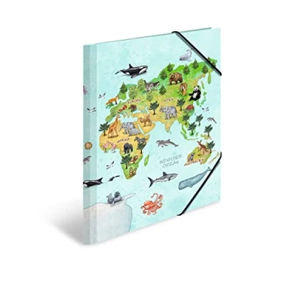 Abbildung von HERMA Sammelmappen A3 Weltkarte Set, 3 Stück, Eckspanner Mappen aus Pappe mit Kindergarten Motiv, Gummizug, Innenklappen und Innendruck für Jungen, Mädchen Kinder