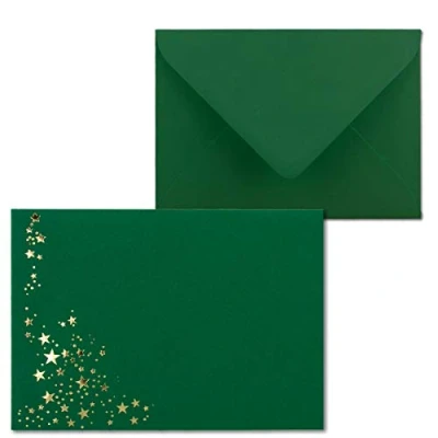 Abbildung von 50x Weihnachts Briefumschläge DIN C6 mit Gold Metallic geprägtem Sternenregen Farbe: Dunkelgrün Nassklebung, 120 g/m² 114 x 162 mm Marke: GUSTAV NEUSER