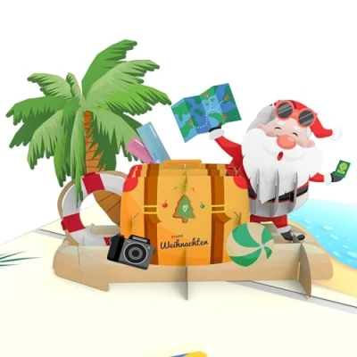 Abbildung von LIMAH® Pop Up Karte Weihnachten Nikolaus im Urlaub lustige 3D Weihnachtskarte mit Santa am Strand Geldgeschenk und Reisegutschein für Winterurlaub Umschlag