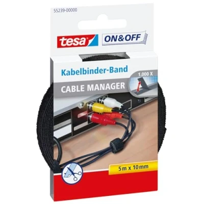 Abbildung von tesa On &amp; Off Cable Manager UNIVERSAL Klett Kabelbinder zur Kabelaufbewahrung bündelt Kabel in Haushalt und Büro zuschneidbar 10 mm x 5 m