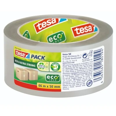 Abbildung von tesa Tesapack ECO und ULTRA STRONG ecoLogo transparentes Kunststoff Packband mit extra starker Haftkraft umweltfreundliches Klebeband, lösemittelfrei hergestellt 66 m x 50 mm
