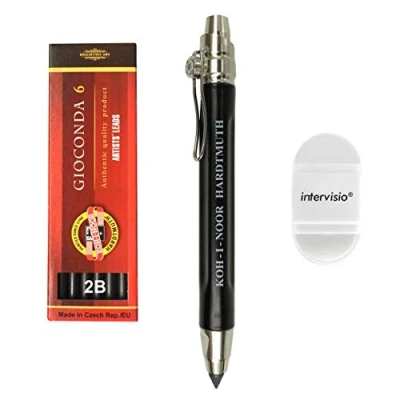 Abbildung von intervisio Koh I Noor 5311 Mechanischer Fallminenstift 5,6 mm Metallminenhalter mit Graphitminen Set 4865 2B Bleistiftspitzer Radiergummi für Schule, Büro, Schriftsteller, Künstler