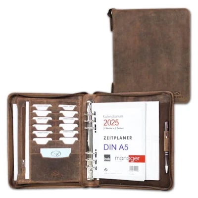 Abbildung von ALMADIH Leder A5 Organizer Reißverschluss + Kalender 2025 Schreibblock BV Premium Rindsleder Ledermappe Terminplaner Mappe Systemplaner Konferenzmappe Ringmechanik braun (A5 Vintage)