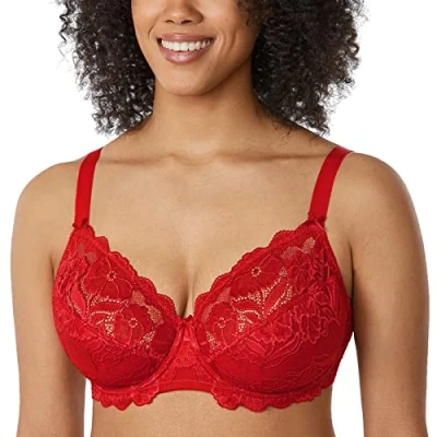 Abbildung von DELIMIRA Damen Vollschalen BH ungefütterte Spitze Tüll Cup,mit Bügel Lippenstift Rot 75I