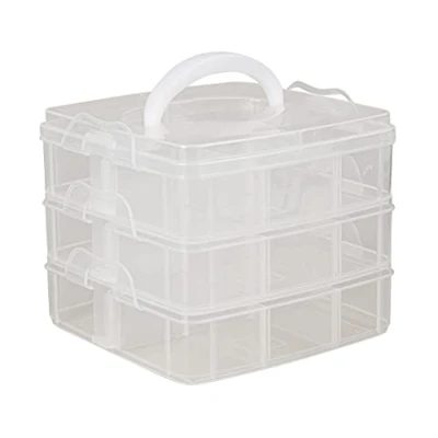 Abbildung von Rayher Sortierbox Aufbewahrung mit Griff, 15,5x15,5x12,9cm, 3 Etagen á 6 Fächer, für Bastel Material, Kabel, Spielzeug, Büro Utensilien, Accessoires platzsparend, übersichtlich, stabil (3918100)