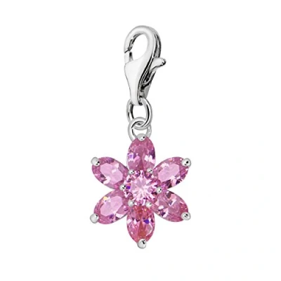 Abbildung von Quiges Charm Anhänger Kristall Rosa Zirkonia Blume Oktober Geburtsstein 925 Silber mit Karabinerverschluss für Bettelarmband