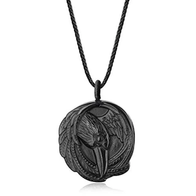 Abbildung von COAI Geschenkideen Unisex Glückskette aus Schwarzem Obsidian mit Raben Gravur Runder Anhänger Kolkrabe Fan Kette für Damen und Herren