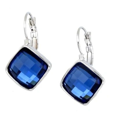 Abbildung von Crystalline Azuria Kristalle Blauer simulierter Saphir Rhombus Quadrat Leverback Ohrhänge Ohrringe 18 kt Weiß Vergoldet
