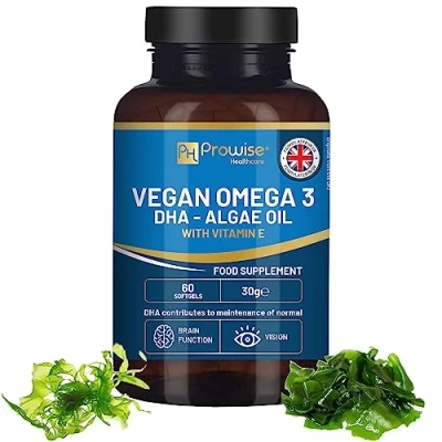 Abbildung von Prowise Vegan Omega 3 DHA aus Algenöl 60 Softgelkapseln mit Vitamin E 400mg + 10mg 100% pflanzlich rein &amp; nachhaltig angebaut