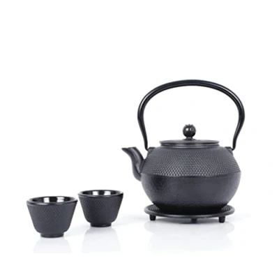 Abbildung von Echtwerk Teeservice aus Gusseisen, Teekanne 1,1 L mit abnehmbarem Sieb, Teebereiter Untersetzer, Teekannen Set im Vintage Design für Zubereitung von losem Tee, Schwarz