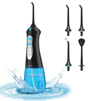 Abbildung von TUREWELL Munddusche Elektrisch Zahnzwischenraumreiniger mit 3 Modi und 4 Düsen,IPX7 Wasserdicht 300ML Kabellos,USB Tragbarer Aufladbarer für Familie Reisen