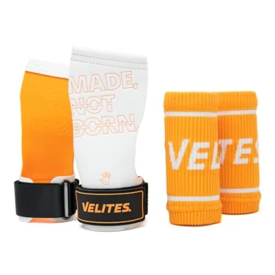 Abbildung von Velites I Quad Pro Orange Professionelle Grips für Cross Training oder Gymnastik, geeignet Jede Oberfläche, Verwendung mit Magnesium, inklusive passenden Stoffarmbä
