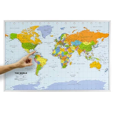 Abbildung von ORBIT GLOBES &amp; MAPS Weltkarte Kork auf Pinnwand mit Holzrahmen (silber) 90 x 60 cm, englisch Fähnchen und Pins sowie Befestigungsmaterial