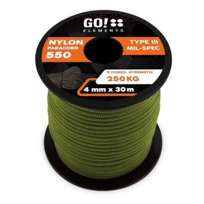 Abbildung von GO!elements 30m Paracord Seil aus reißfester Nylonschnur 4mm 550 Typ III Schnur Allzweckseil &amp; Reepschnur Max. 250kg, Farbe:Oliv