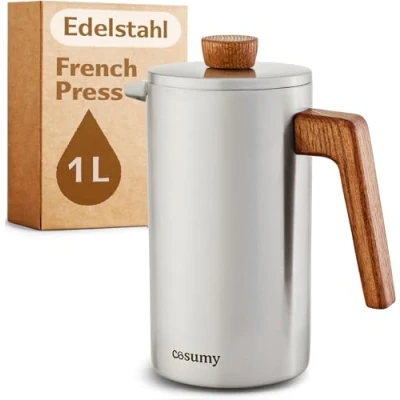 Abbildung von Cosumy French Press aus Edelstahl und FSC Holz 1 Liter Doppelwandige Thermo Isolierung Große Kaffebereiter mit 2 Ersatzfiltern