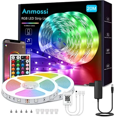 Abbildung von Anmossi LED Strip 20m,Smart Bluetooth RGB Streifen,SMD 5050 Lichter,Steuerbar via App und Fernbedienung,Musiksync Band für Schlafzimmer, Wohnzimmer, Küche, Party, TV Dekoration