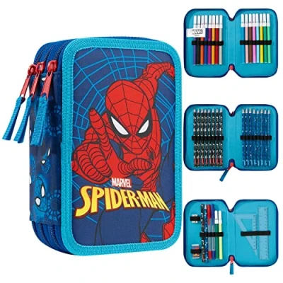 Abbildung von Marvel Federmäppchen Kinder Federtasche Junge Gefüllt Schulmäppchen Fächer Pencil Case Federpenal Etui Spiderman Einschulung (Avengers Triple Zip)