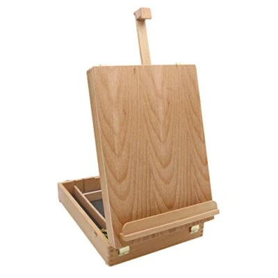 Abbildung von PAINTERSISTERS® Malkoffer Luca aus NACHALTIGEM Buchenholz FSC®, Tischstaffelei mit Utensilienkoffer, Keilrahmen bis 60cm Höhe, Malbox