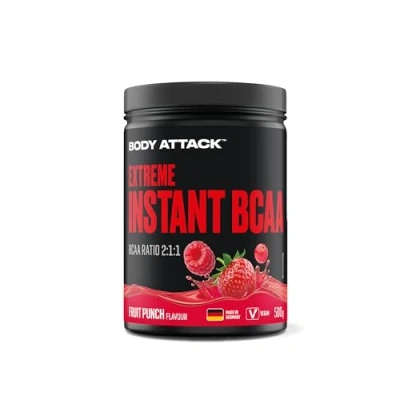 Abbildung von Body Attack INSTANT BCAA 500 g Fruit Punch Made in Germany Gut lösliches, veganes Pulver im Verhältnis 2:1:1 Zuckerfreie Aminosäuren für Muskelaufbau Training Mit L Leucin