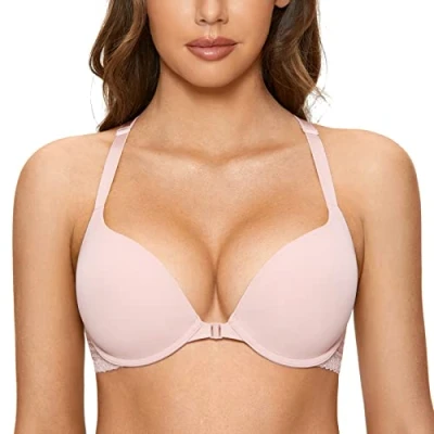 Abbildung von DOBREVA Damen Vorderverschluss Push Up BH mit Bügel Soft T Shirt Tiefen Ausschnitt BHS Neckholder Gepolsterter Nacktes Rosa 75D