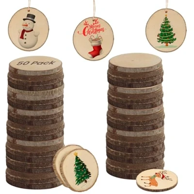 Abbildung von Kurtzy Natürliche Runde Holzscheiben zum Basteln (50er Pack) 3 5cm Durchmesser Rund mit Rinde und Ohne Loch Holzschilder Beschriften für DIY Kunst Weihnachtsschmuck