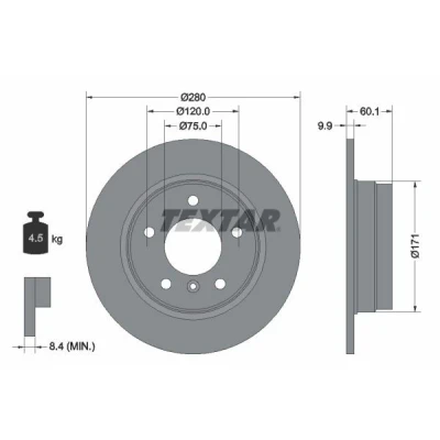 Abbildung von TEXTAR PRO 92055703 Bremsscheibe 280 9,9 05/06 120 voll beschichtet ohne Radbefestigungsbolzen, Radnabe BMW: 3 Saloon, Coupe, Compact