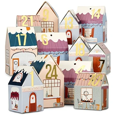 Abbildung von Papierdrachen DIY Adventskalender zum Basteln und Befüllen Häuser Set Weihnachtsdorf bunt 24 bunte Falt Schachteln Aufstellen Dekorieren Boxen wiederverwendbar