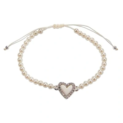 Abbildung von Alpenflüstern Perlen Trachten Armband Strass Herz mit Ziehverschluss Damen Trachtenschmuck silber farbenem Herz, verstellbare Armkette, Perlenarmband (creme weiß) DAB084