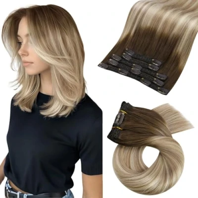 Abbildung von Moresoo Clip in Extensions Echthaar, Salon Qualität Weiches Glattes Haar 35 cm 5 Stück 80g #3/8/22 Braun bis Kastanienbraun mit Mittelblond, Leicht zu Tragen Solide und Langlebig