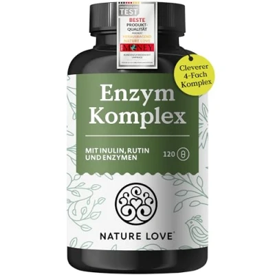 Abbildung von NATURE LOVE® Enzym Komplex 120 Kapseln inkl. Lipase &amp; α Amylase mit Bromelain, Rutin, Cellulase und Inulin Verdauungsenzyme (Digestive Enzyme) im 4 Monatsvorrat vegan, laborgeprüft